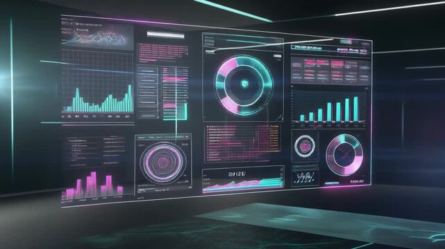 Futuristic control room interface with neon-lit data visualization screens displaying various charts and graphs in a dark, high-tech environment