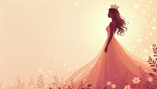 Silhouette of crowned woman in flowing gown stands amidst blooming flowers, foliage. Elegant female figure poised against soft, glowing backdrop ideal for celebratory themes. Symbol of grace,