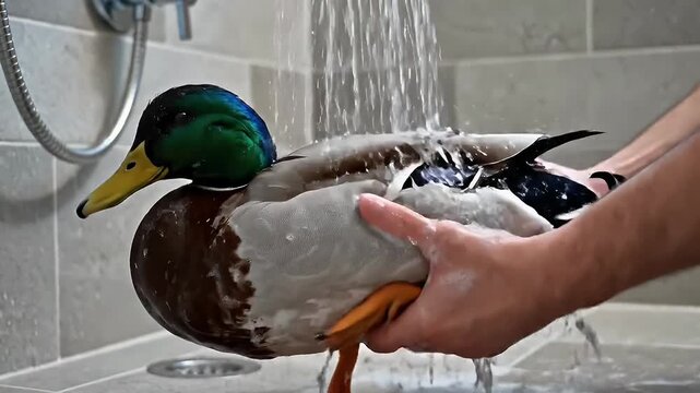 A persons hands gently washing a mallard duck under a shower stream in a tiled bathroom, showcasing pet care and hygiene.