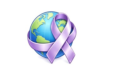 Obraz premium Purple ribbon around earth icon, world cancer awareness and support symbol