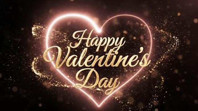 Glowing heart-shaped Valentine's Day greeting on black background with golden text and sparkles