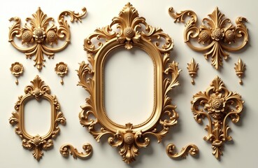 Collection of golden baroque ornaments and frames. Intricate floral carvings and swirls adorn decorative elements. Luxury vintage motifs on white background create elegant designs.