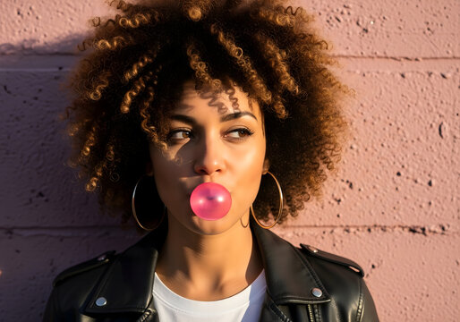 Mujer con chicle rosa