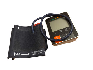 Digital blood pressure monitor with cuff on transparent background &ndash; isolated healthcare device for home use