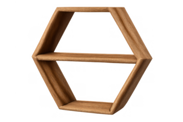 Honeycomb hexagon wooden shelf displaying a modern geometric wall decor creating an organized home storage solution, transparent background