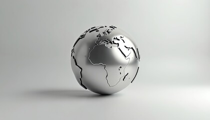 Shiny metallic globe rests on white surface. World map details are etched on sphere. Clean, minimal 3D render suggests global concepts, technology, and digital networks. Minimal shadows.