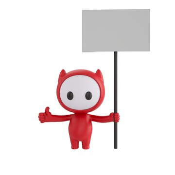 Cute 3D render Little Red Devil character holding a blank sign with one hand and giving a thumbs up with the other, friendly and positive mascot style, isolated on white background.