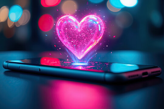 Digital love concept with a glowing heart hologram emerging from a smartphone