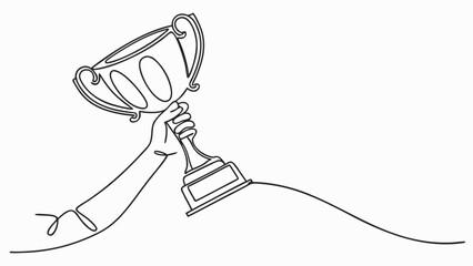 Hand proudly lifts a golden trophy in celebration of achievement and victory.