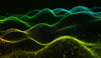 A vibrant, abstract digital landscape. Rolling waves of small, luminous particles cascade across a black background, with gradients of green & yellow