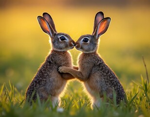 Fototapeta premium Two brown hares stand nose to nose in a sunlit grassy field. One hare gently holds the other, showing affection during springtime mating season. Their large ears are alert in the golden hour light.