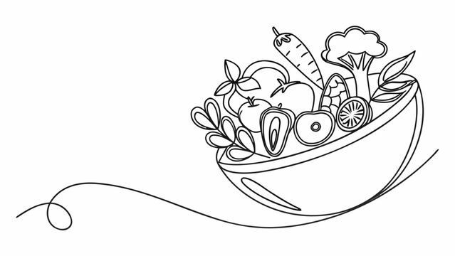 Artistic line drawing of a vibrant bowl overflowing with fresh, healthy vegetables and fruits.