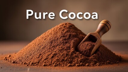 A pile of pure cocoa powder with a wooden scoop