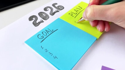 A girl writes down her plan and goals for 2026 on colorful sticky notes. Concept of planning, goal setting, and personal effectiveness.