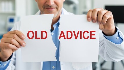 A doctor holding up old advice signs