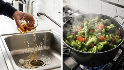 A person pouring oil into a kitchen sink and a pot of steaming vegetables on the stove