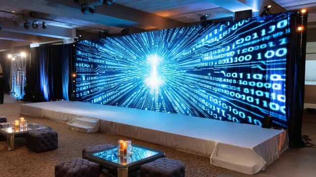 Digital Stage Backdrop: An illuminated stage backdrop showcases a mesmerizing digital design, setting the scene for an event with a futuristic edge. 