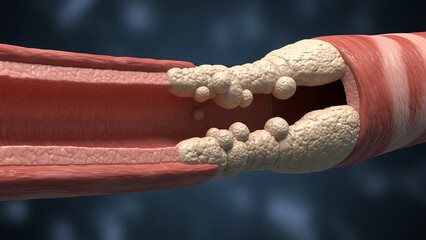 A medical illustration of a blocked artery with plaque buildup