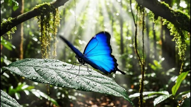 Blue morpho butterfly taking flight in tropical rainforest, iridescent wings glowing, motion frozen, sun rays filtering