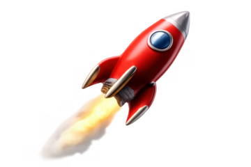 Red cartoon rocket ship launching, representing business startup success and technological innovation. Transparent background