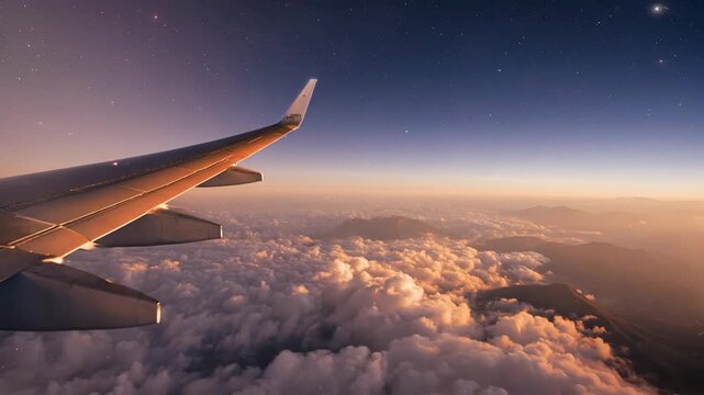 Heart-shaped contrail from airplane window above clouds at sunset