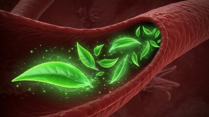 A glowing green plant grows inside a blood vessel