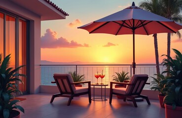 Naklejka premium Terrace balcony with chairs and umbrella overlooks ocean at sunset. Two drinks sit on table. Palm trees and plants add tropical flair. Warm golden hour light bathes scene.