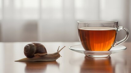 A snail sits next to a cup of tea on a wooden table in a bright room
