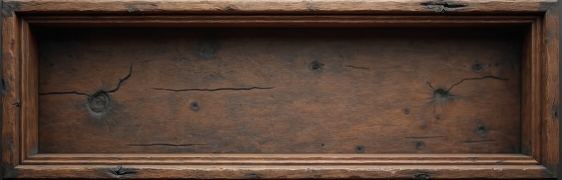 Rustic dark brown wooden frame cutout with visible wood grain and knots. Empty rectangular space for placing custom content. Old material with cracks and imperfections creating a vintage feel.