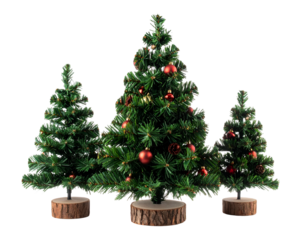 Three decorated artificial evergreen trees on wooden bases