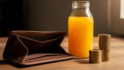 A brown leather wallet and stacks of coins with a bottle of orange juice on a wooden table