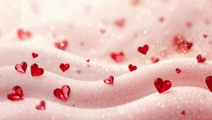 ハートがふんわり浮かぶ赤系グラデーションの横長背景.生成AI
