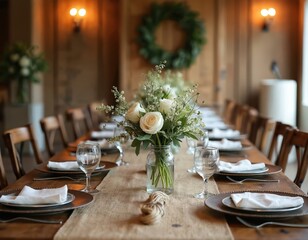 Rustic wedding table setting with wooden chairs and tables. White roses in mason jars, burlap runner, and wine glasses create a warm, inviting atmosphere for a farmhouse celebration.
