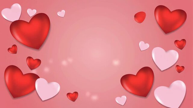 Red and pink hearts floating on a pink background with sparkles for Valentine's Day or love-themed greeting cards and invitations