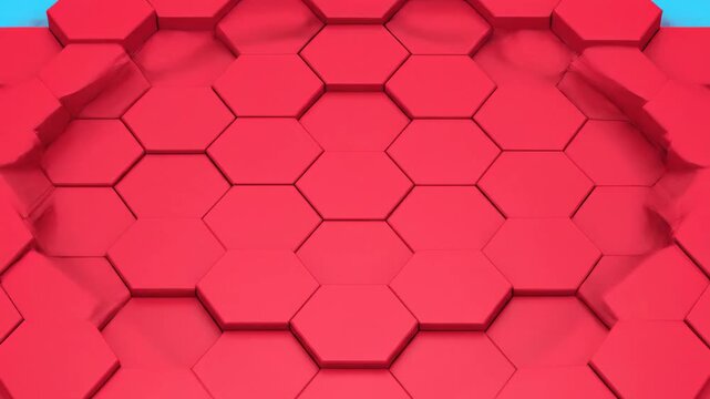 Red hexagonal pattern with missing center piece on blue background, used for technology or design concepts