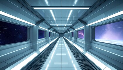 Obraz premium Futuristic Space Station Corridor with Starfield Views.