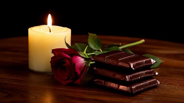Romantic setup with lit candle, red rose, and chocolate bars on a wooden table in a dark room for Valentine's Day or anniversary celebration