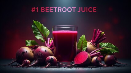 A glass of beetroot juice surrounded by fresh beets and leaves on a dark background