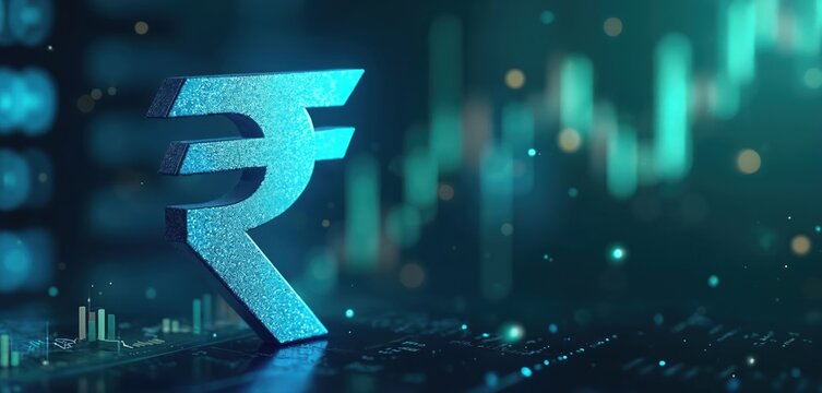 Indian rupee symbol shines against abstract blue financial charts indicating market growth and economic progress. Digital currency trends and investment value rise. - Powered by Adobe