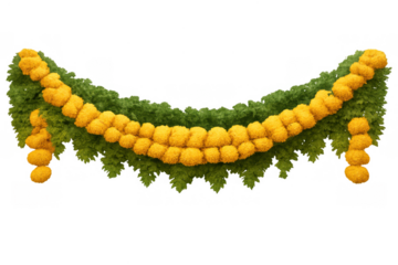 Indian festival marigold and green leaf garland decoration, festive toran hanging on transparent background
