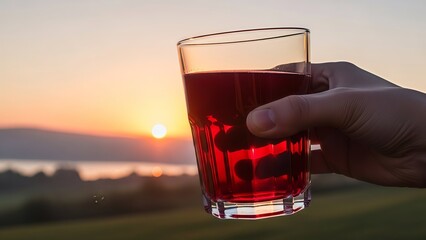 A hand holding a glass of red juice during a serene sunset