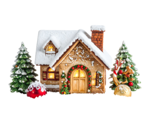 Cozy, snow-covered miniature house with decorated trees and festive lights