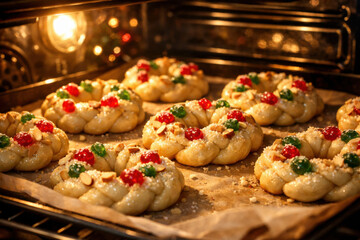 Fototapeta premium Warm, festive mini Christmas bread wreaths baking inside oven. Golden dough braided into holiday shapes with oven light illuminating soft texture for magical, homemade scene