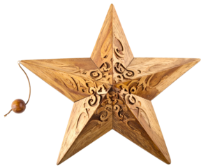Intricately carved wooden star ornament with ornamental swirls