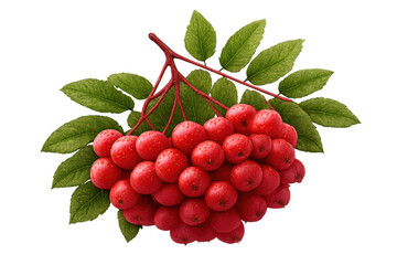 Rowan berries growing on a branch with green leaves. Red mountain ash fruit cluster, food ingredient with transparent background