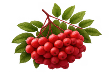 Rowan berries growing on a branch with green leaves. Red mountain ash fruit cluster, food ingredient with transparent background