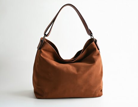 Brown suede hobo bag with leather strap. Minimalist, luxury shoulder tote for women. Soft texture, elegant shape, modern casual wear. Daily item, fine craftsmanship.