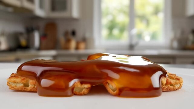 Syrup pouring on stacked waffles in a modern kitchen with a blurred background