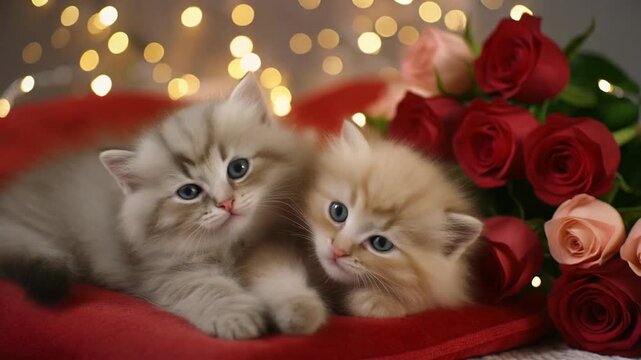 Two adorable kittens play on red fabric with a bouquet of roses and string lights in the background, perfect for Valentine's Day or love-themed greeting cards