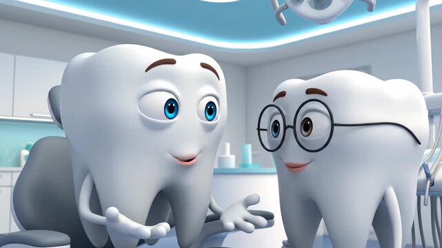 Two cartoon teeth characters in a dental clinic office with a dentist chair and tools in the background, one smiling and talking to another with glasses